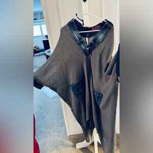Stylish Gray Knit Duster Sweater with denim accents.